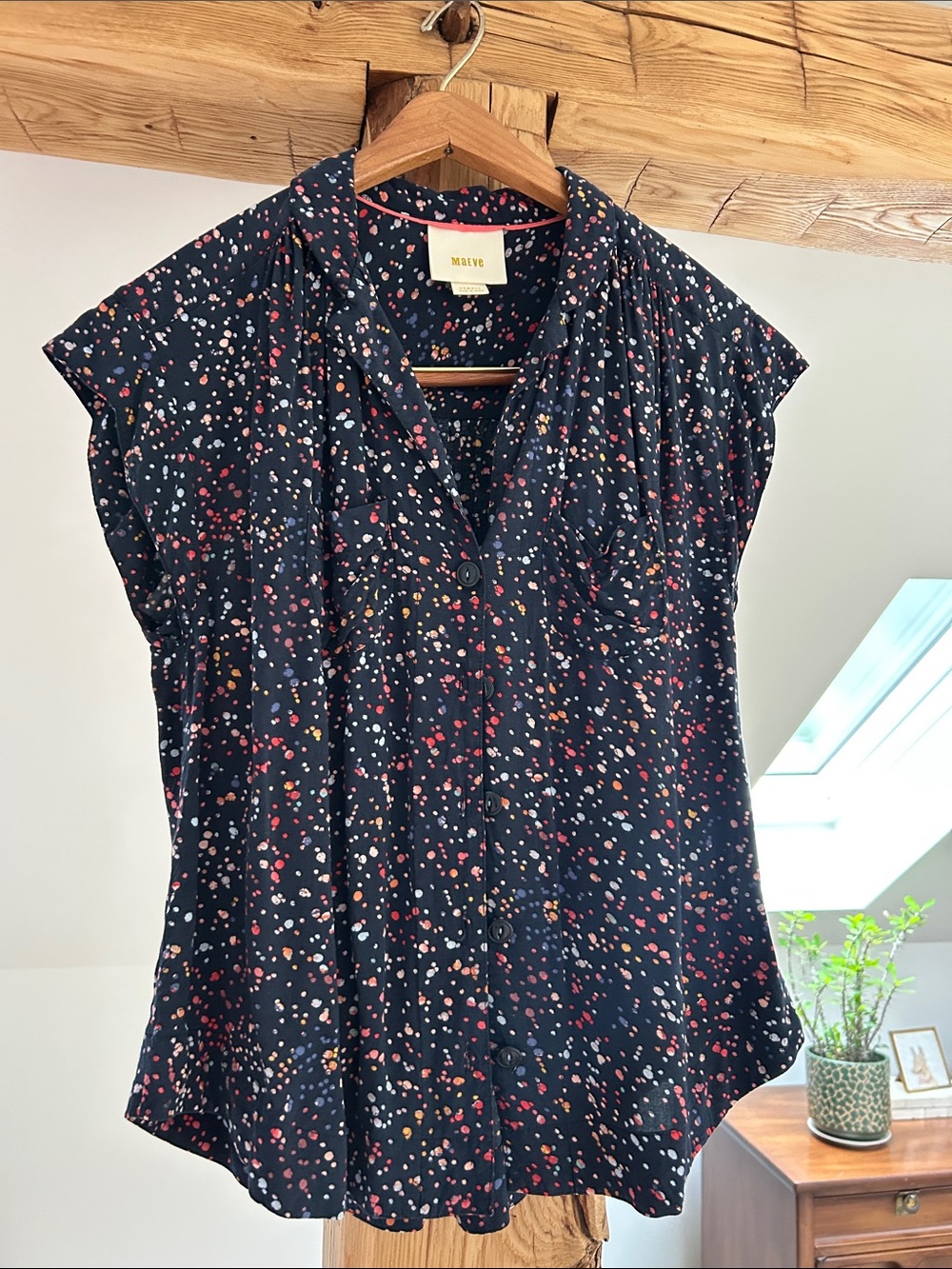 Maeve Navy Confetti Dot Cap-Sleeve Button Front Blouse